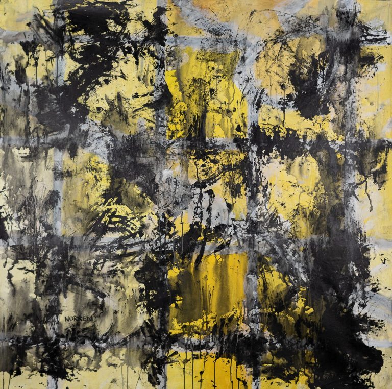 abstract painting yellow and black and white