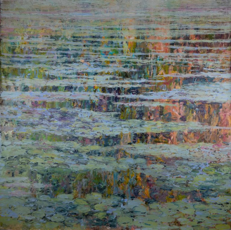 painting of a lake with waterlilies