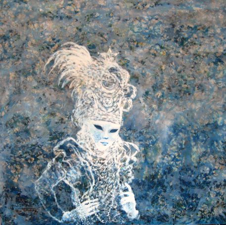 white figure with venician mask in front of blue background