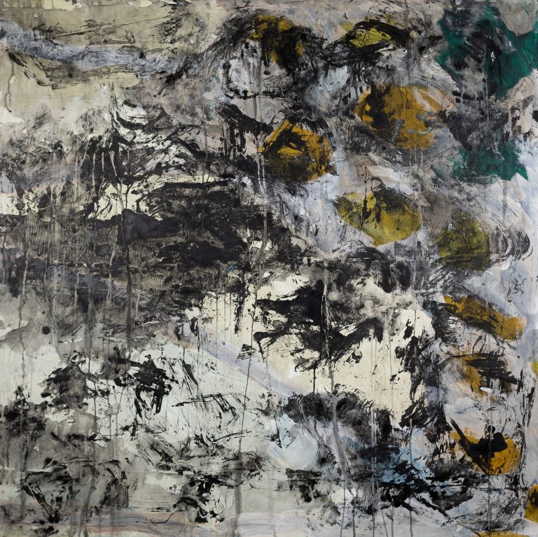 abstract painting yellow and black and white