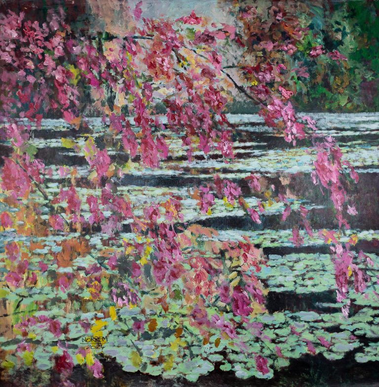 painting of a lake with tree branches in the foreground and water lilies on the water surface