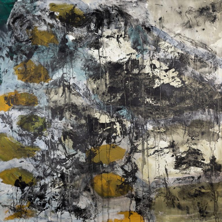 abstract painting yellow and black and white