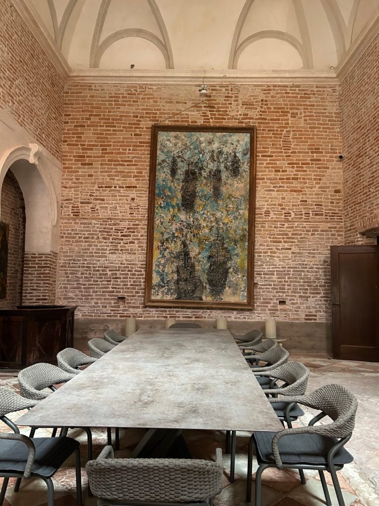 large painting with venecian ships in the dining room of the church on San Clemente Island, Venice