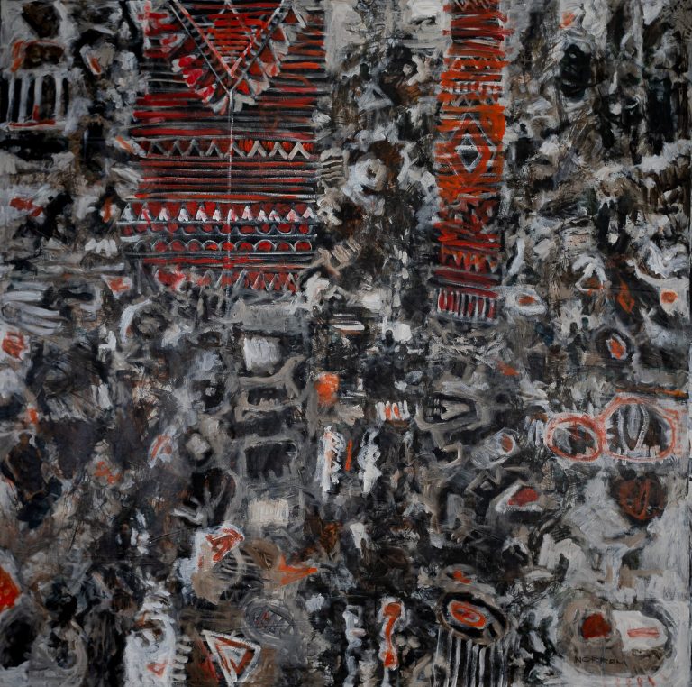 abstract painting in grey, black and red