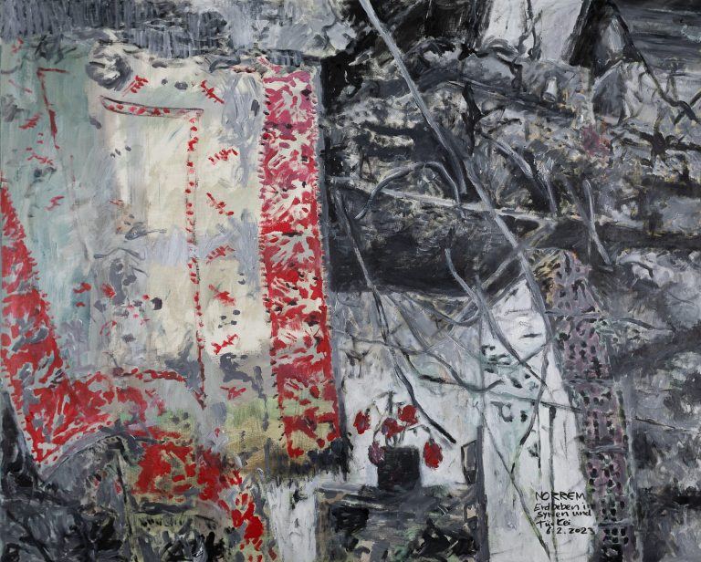 paintig of a carpet in rubble in black, white and red