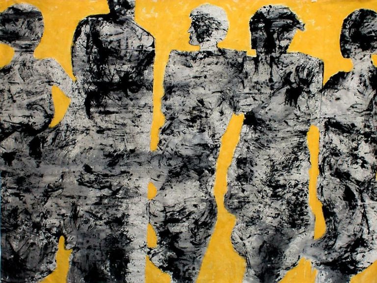 painting with 5 figures and yellow background